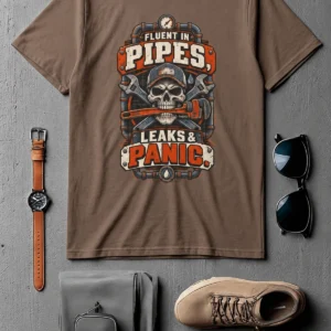 Plumber Skull T-Shirt — "Fluent in Pipes, Leaks and Panic" Workwear Tee — espresso t-shirt, flat-lay product photo | Pressure Tested Co