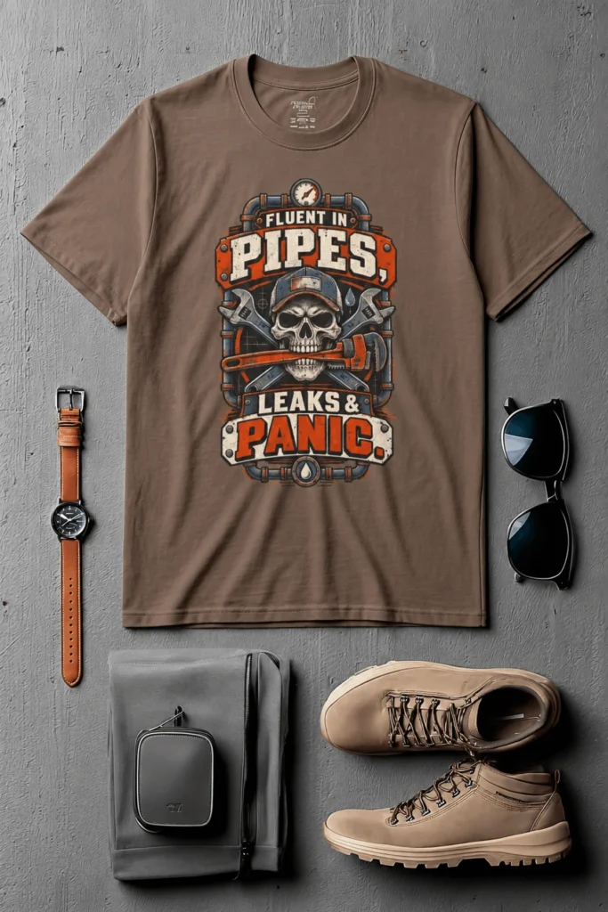 Plumber Skull T-Shirt — "Fluent in Pipes, Leaks and Panic" Workwear Tee — espresso t-shirt, flat-lay product photo | Pressure Tested Co