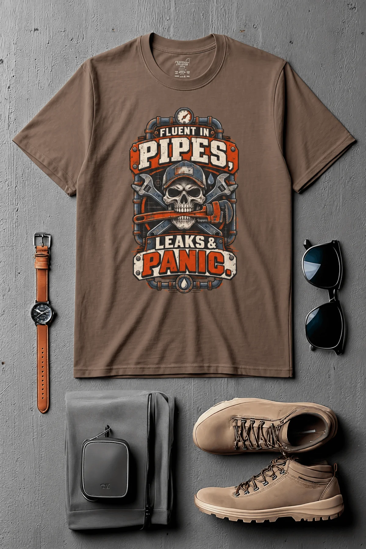 Plumber Skull T-Shirt — "Fluent in Pipes, Leaks and Panic" Workwear Tee — espresso t-shirt, flat-lay product photo | Pressure Tested Co