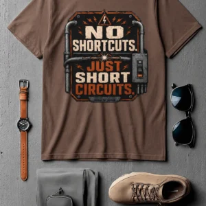 No Shortcuts Just Short Circuits T-Shirt — Funny Retro Industrial Electrician Tee — espresso t-shirt, flat-lay product photo | Pressure Tested Co