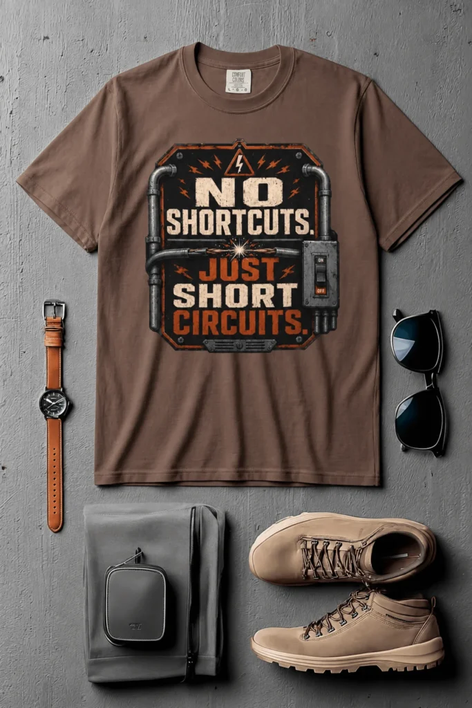 No Shortcuts Just Short Circuits T-Shirt — Funny Retro Industrial Electrician Tee — espresso t-shirt, flat-lay product photo | Pressure Tested Co