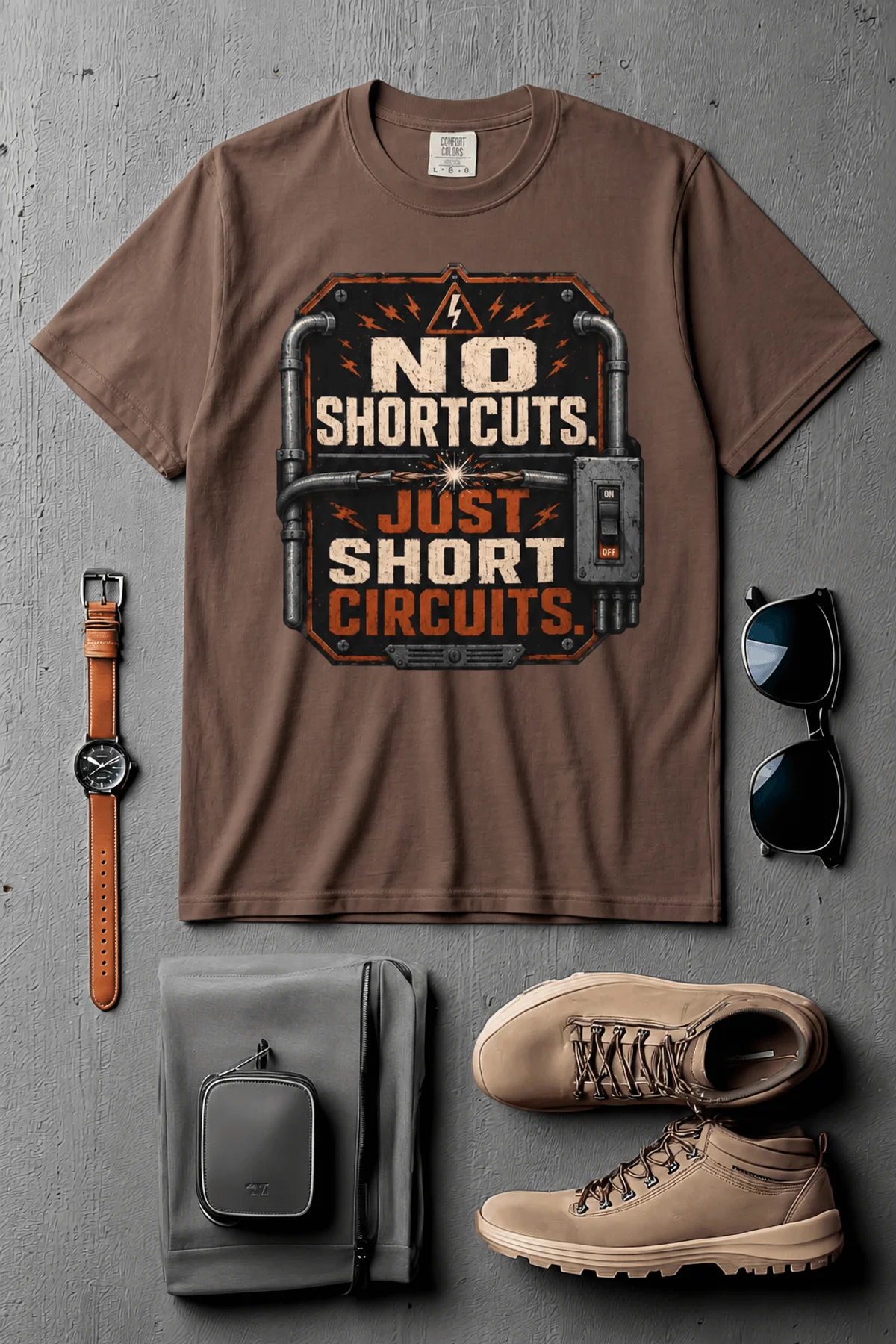 No Shortcuts Just Short Circuits T-Shirt — Funny Retro Industrial Electrician Tee — espresso t-shirt, flat-lay product photo | Pressure Tested Co