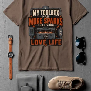 T-Shirt — "My Toolbox Has More Sparks Than Your Love Life" Electrician/Mechanic Workshop Tee — espresso t-shirt, flat-lay product photo | Pressure Tested Co