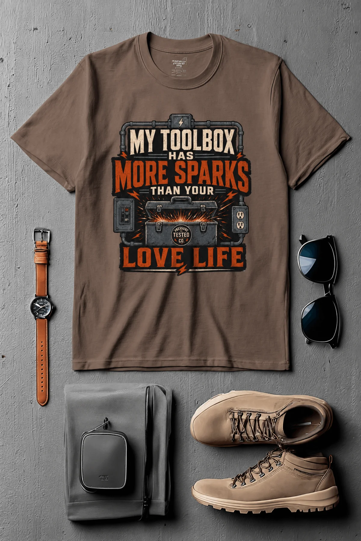 T-Shirt — "My Toolbox Has More Sparks Than Your Love Life" Electrician/Mechanic Workshop Tee — espresso t-shirt, flat-lay product photo | Pressure Tested Co