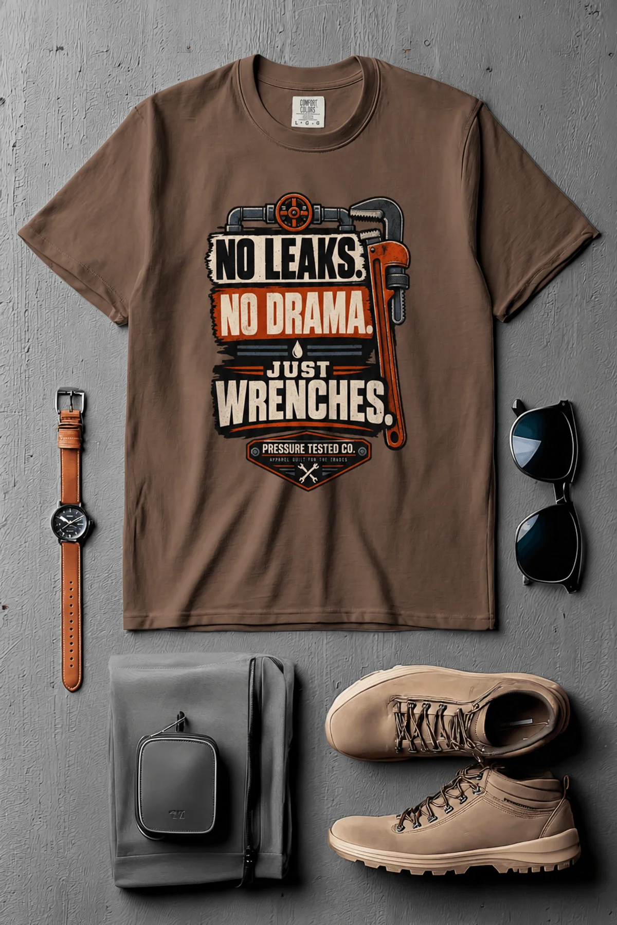 "No Leaks, No Drama, Just Wrenches" Vintage Plumbing Tee — espresso t-shirt, flat-lay product photo | Pressure Tested Co