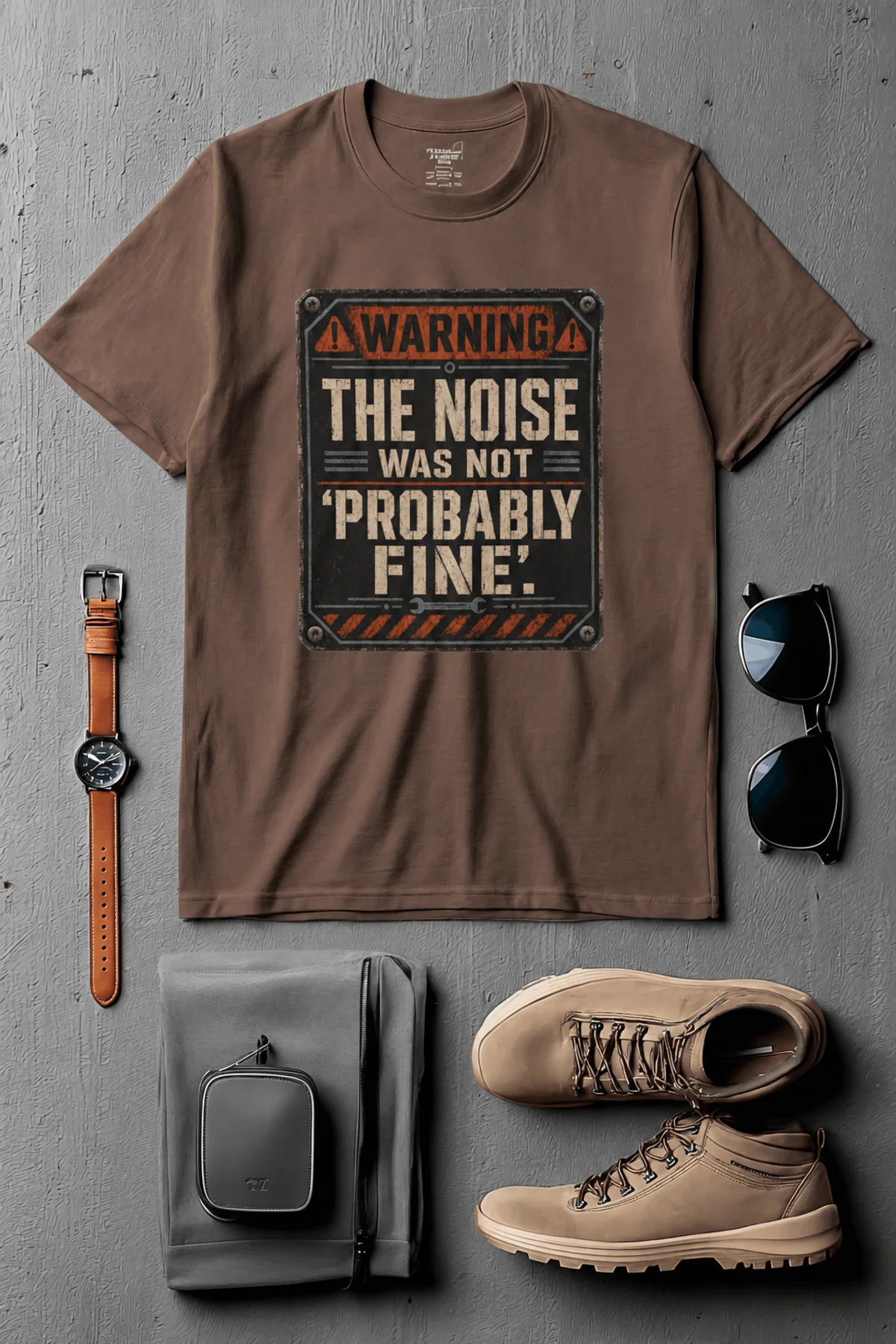 Warning Sign T-Shirt — "The Noise Was Not 'Probably Fine'" Vintage Graphic Tee — espresso t-shirt, flat-lay product photo | Pressure Tested Co