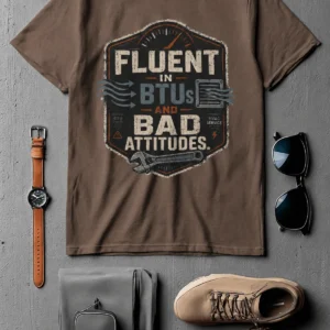 HVAC Tech T‑Shirt – "Fluent In BTUs And Bad Attitudes" — espresso t-shirt, flat-lay product photo | Pressure Tested Co