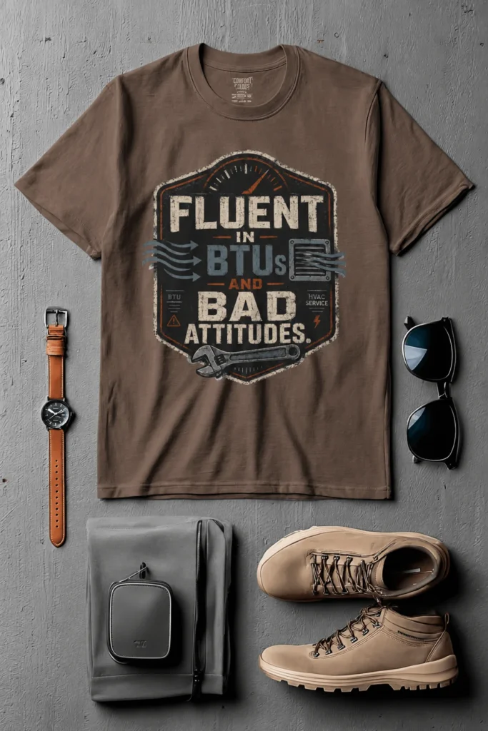 HVAC Tech T‑Shirt – "Fluent In BTUs And Bad Attitudes" — espresso t-shirt, flat-lay product photo | Pressure Tested Co