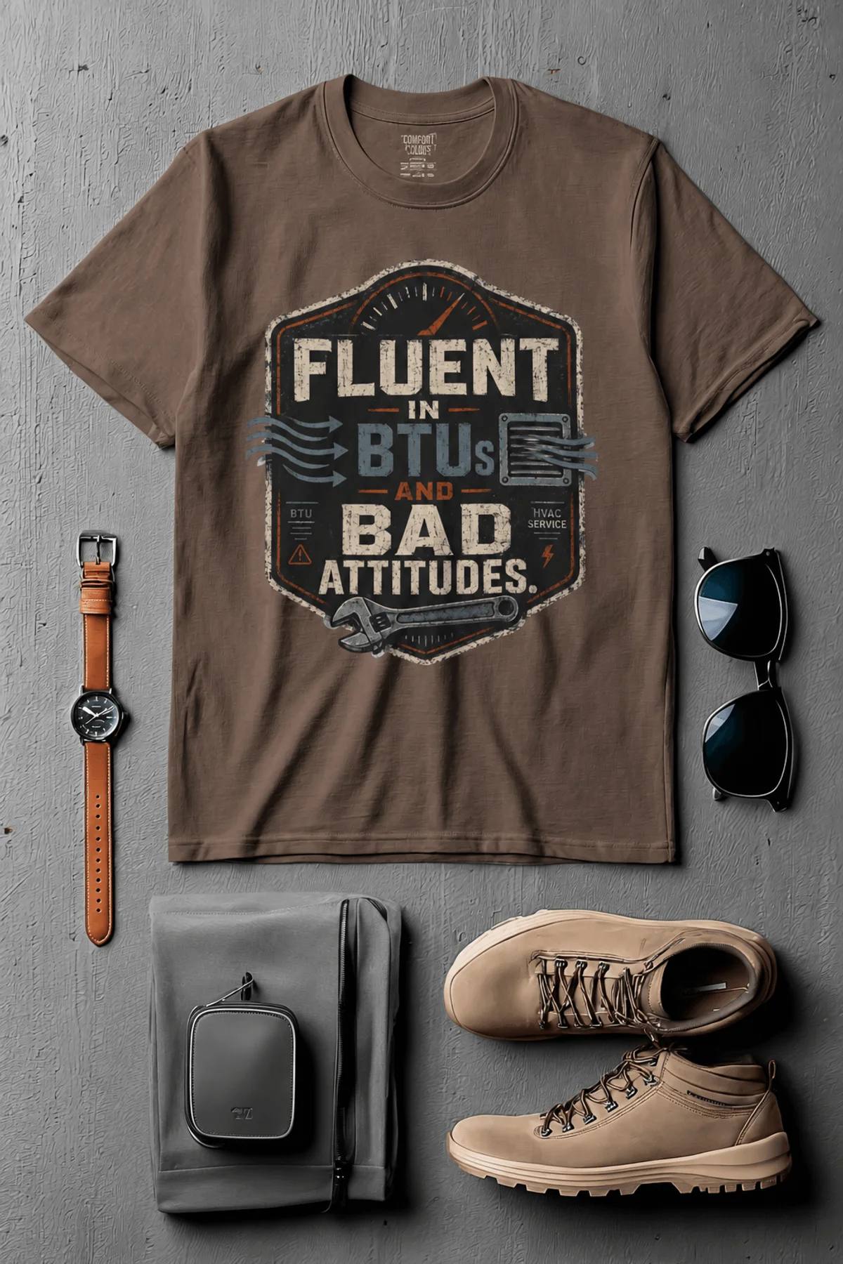 HVAC Tech T‑Shirt – "Fluent In BTUs And Bad Attitudes" — espresso t-shirt, flat-lay product photo | Pressure Tested Co