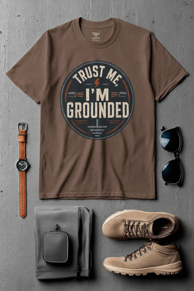 Grounded T‑Shirt – "Trust Me I'm Grounded" Electrical Tech Tee — espresso t-shirt, flat-lay product photo | Pressure Tested Co