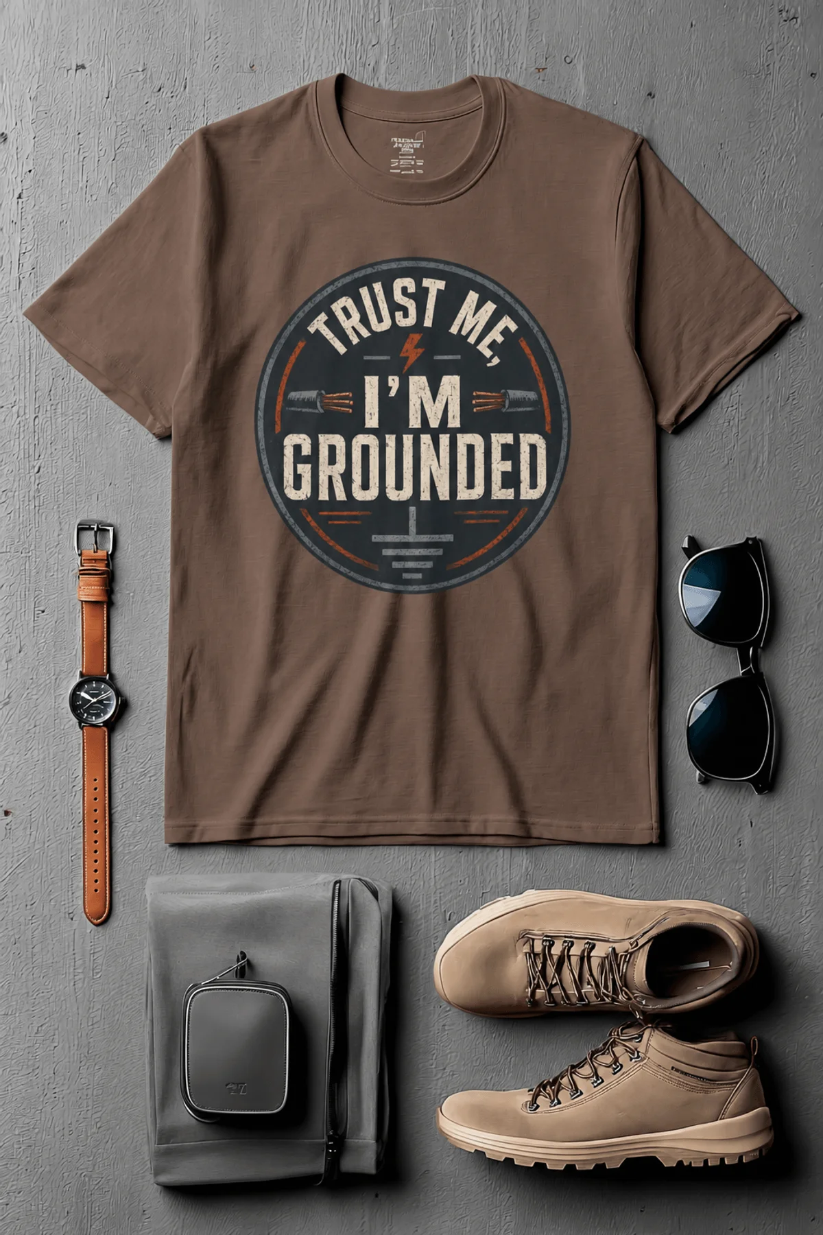 Grounded T‑Shirt – "Trust Me I'm Grounded" Electrical Tech Tee — espresso t-shirt, flat-lay product photo | Pressure Tested Co