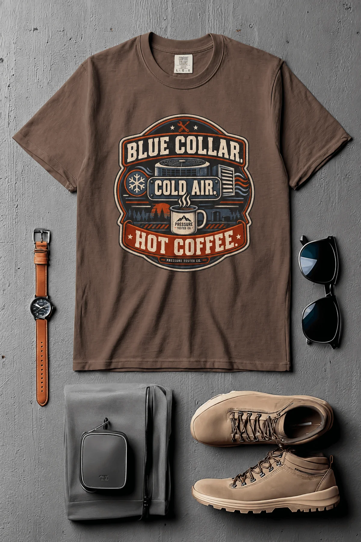 'Blue Collar. Cold Air. Hot Coffee.' T-Shirt — Funny Retro Industrial HVAC Tee — espresso t-shirt, flat-lay product photo | Pressure Tested Co