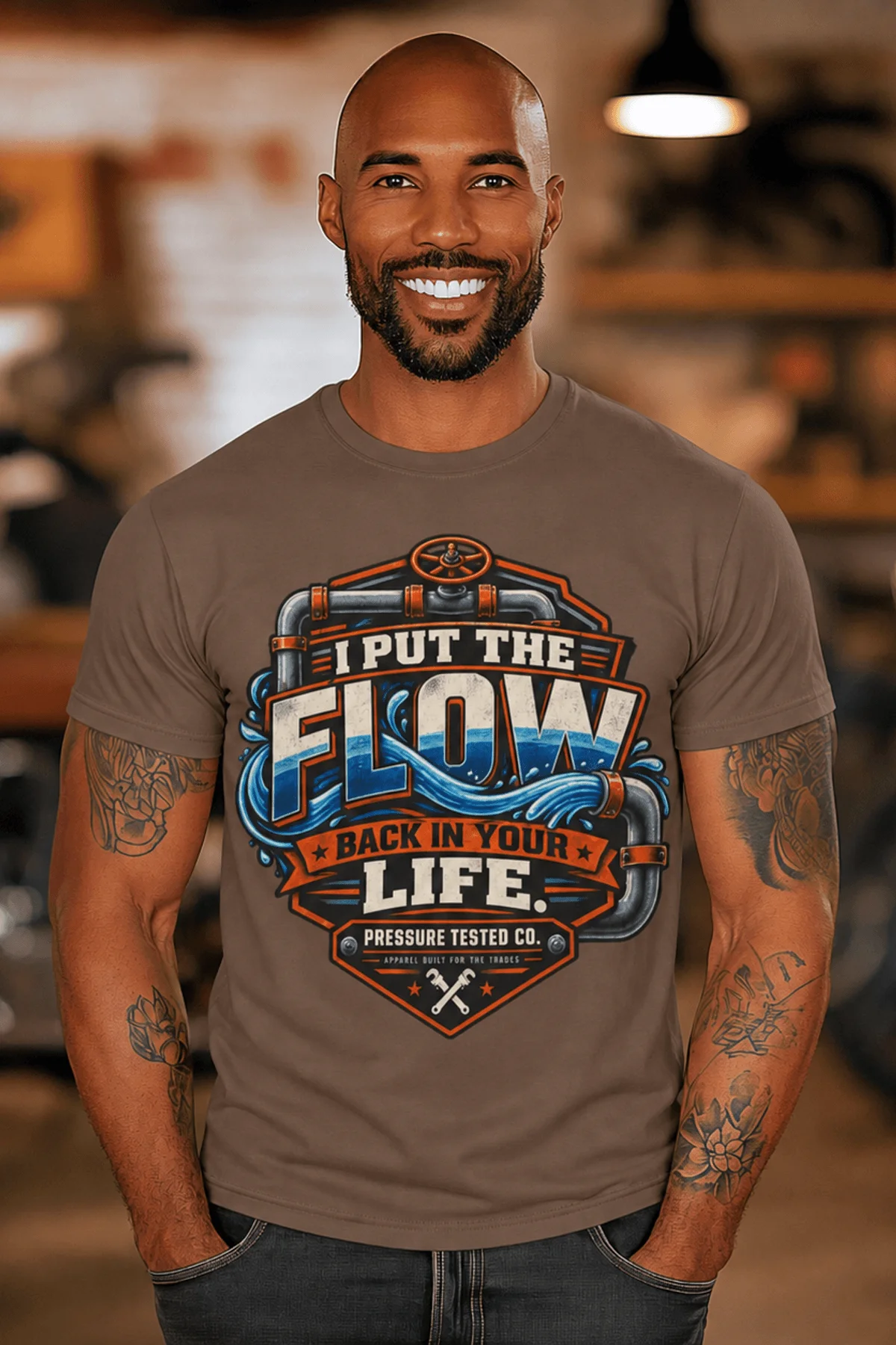 'I Put The Flow Back Into Your Life.' T-Shirt — Funny Retro Industrial Plumber's Tee — espresso t-shirt, model photo | Pressure Tested Co