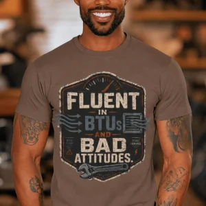 HVAC Tech T‑Shirt – "Fluent In BTUs And Bad Attitudes" — espresso t-shirt, model photo | Pressure Tested Co