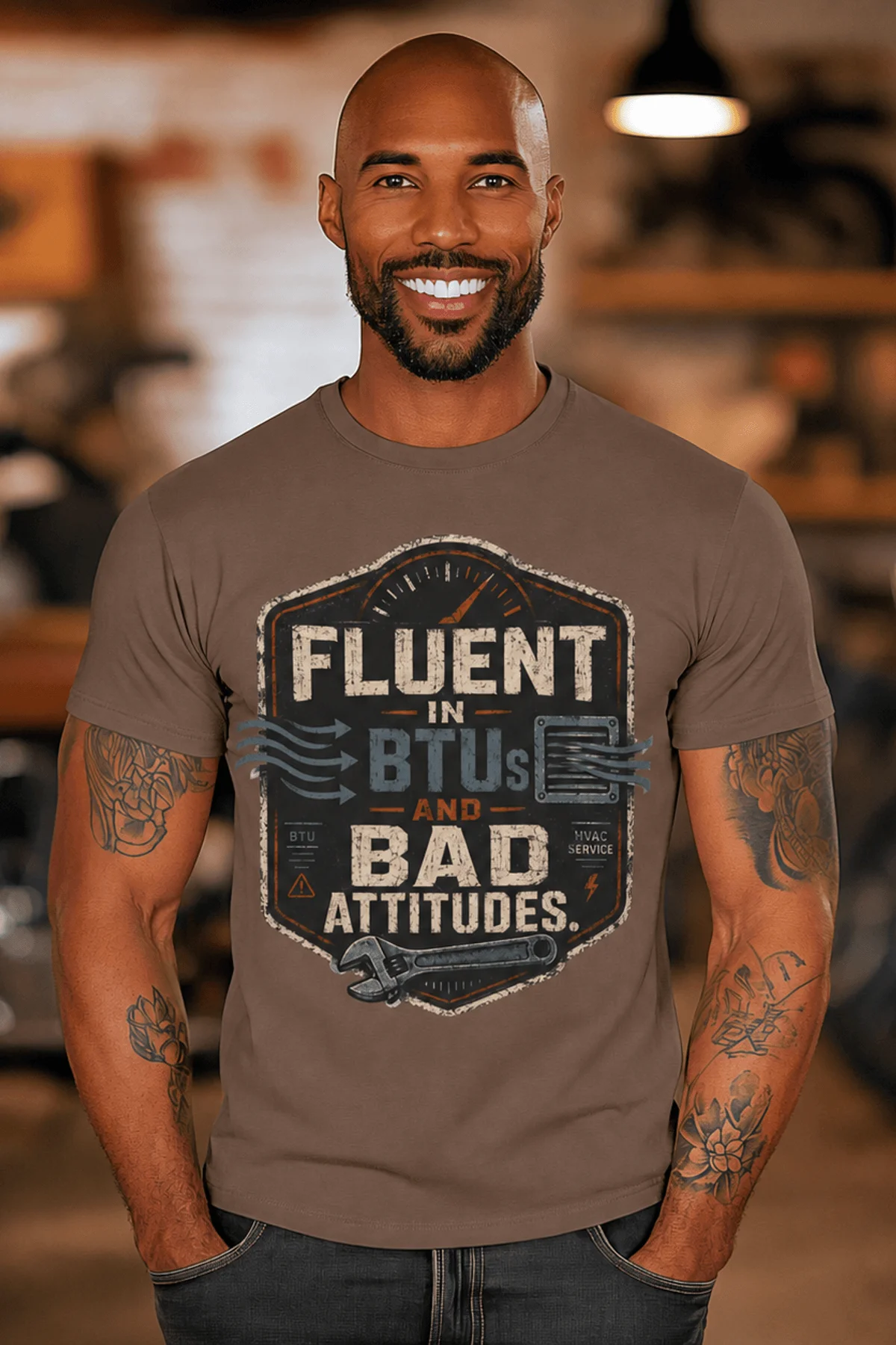 HVAC Tech T‑Shirt – "Fluent In BTUs And Bad Attitudes" — espresso t-shirt, model photo | Pressure Tested Co