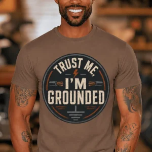 Grounded T‑Shirt – "Trust Me I'm Grounded" Electrical Tech Tee — espresso t-shirt, model photo | Pressure Tested Co