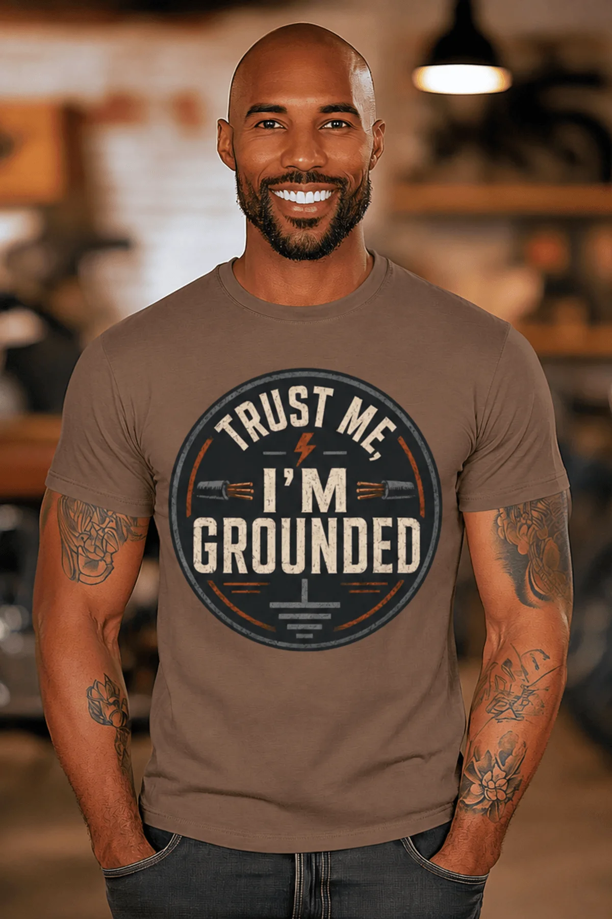 Grounded T‑Shirt – "Trust Me I'm Grounded" Electrical Tech Tee — espresso t-shirt, model photo | Pressure Tested Co