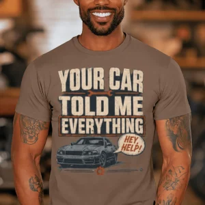 Mechanic T‑Shirt – "Your Car Told Me Everything" Vintage Graphic Design Tee — espresso t-shirt, model photo | Pressure Tested Co