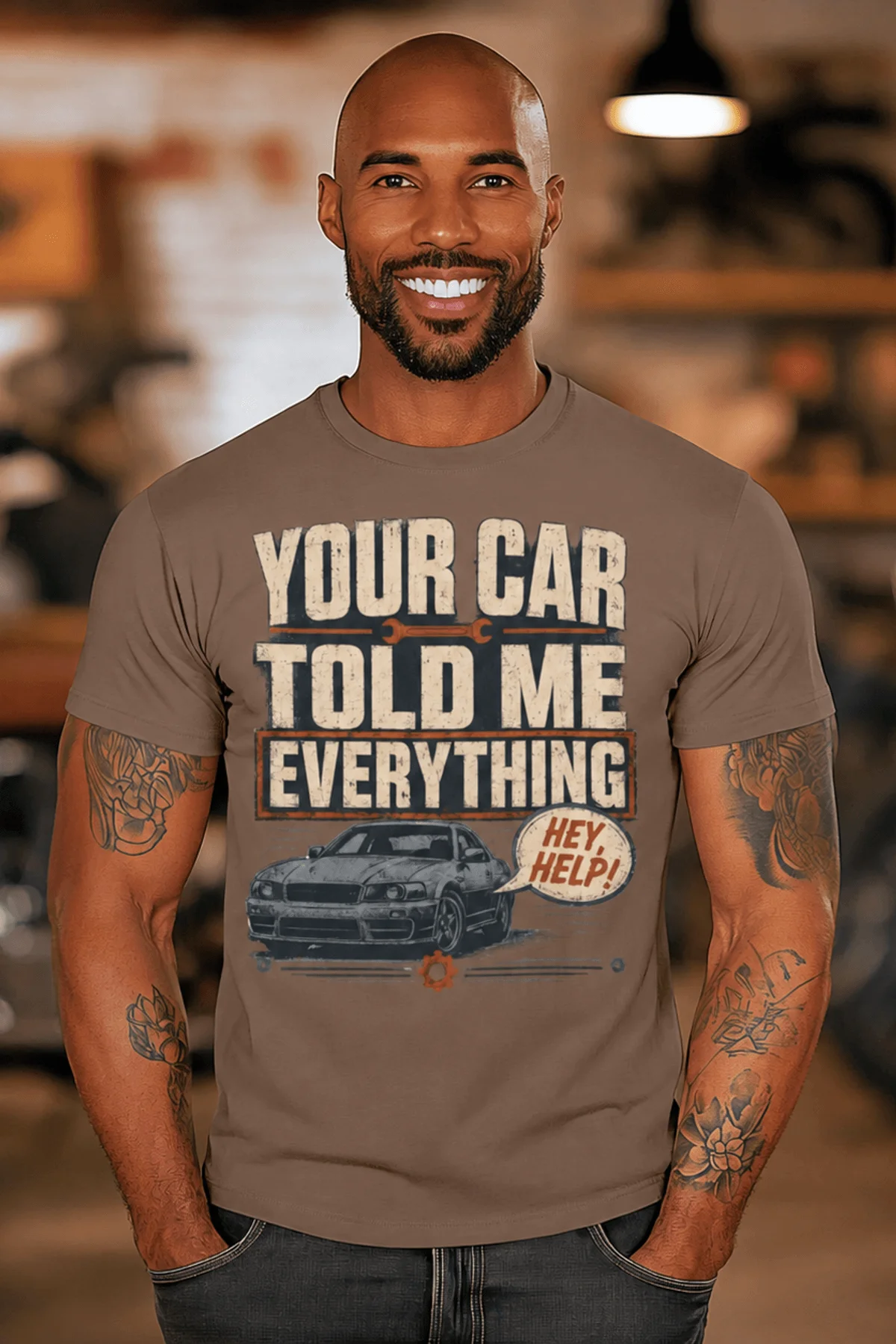 Mechanic T‑Shirt – "Your Car Told Me Everything" Vintage Graphic Design Tee — espresso t-shirt, model photo | Pressure Tested Co