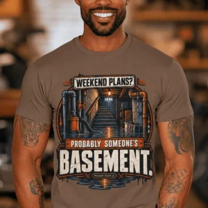 Plumber T‑Shirt – "Weekend Plans? Probably Someone's Basement" Vintage Graphic Design Tee — espresso t-shirt, model photo | Pressure Tested Co