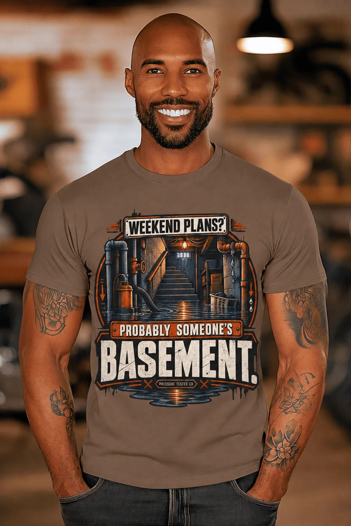 Plumber T‑Shirt – "Weekend Plans? Probably Someone's Basement" Vintage Graphic Design Tee — espresso t-shirt, model photo | Pressure Tested Co