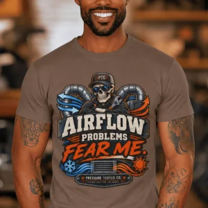 Airflow Problems Fear Me T-Shirt — HVAC Technician Skull Logo Tee — espresso t-shirt, model photo | Pressure Tested Co