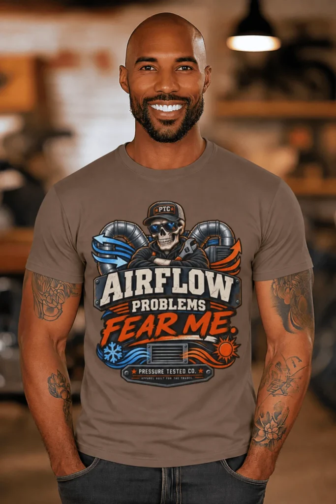 Airflow Problems Fear Me T-Shirt — HVAC Technician Skull Logo Tee — espresso t-shirt, model photo | Pressure Tested Co