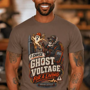 Ghost Voltage T-Shirt — 'I Chase Ghost Voltage for a Living' Vintage Electrician Tee — espresso t-shirt, model photo | Pressure Tested Co