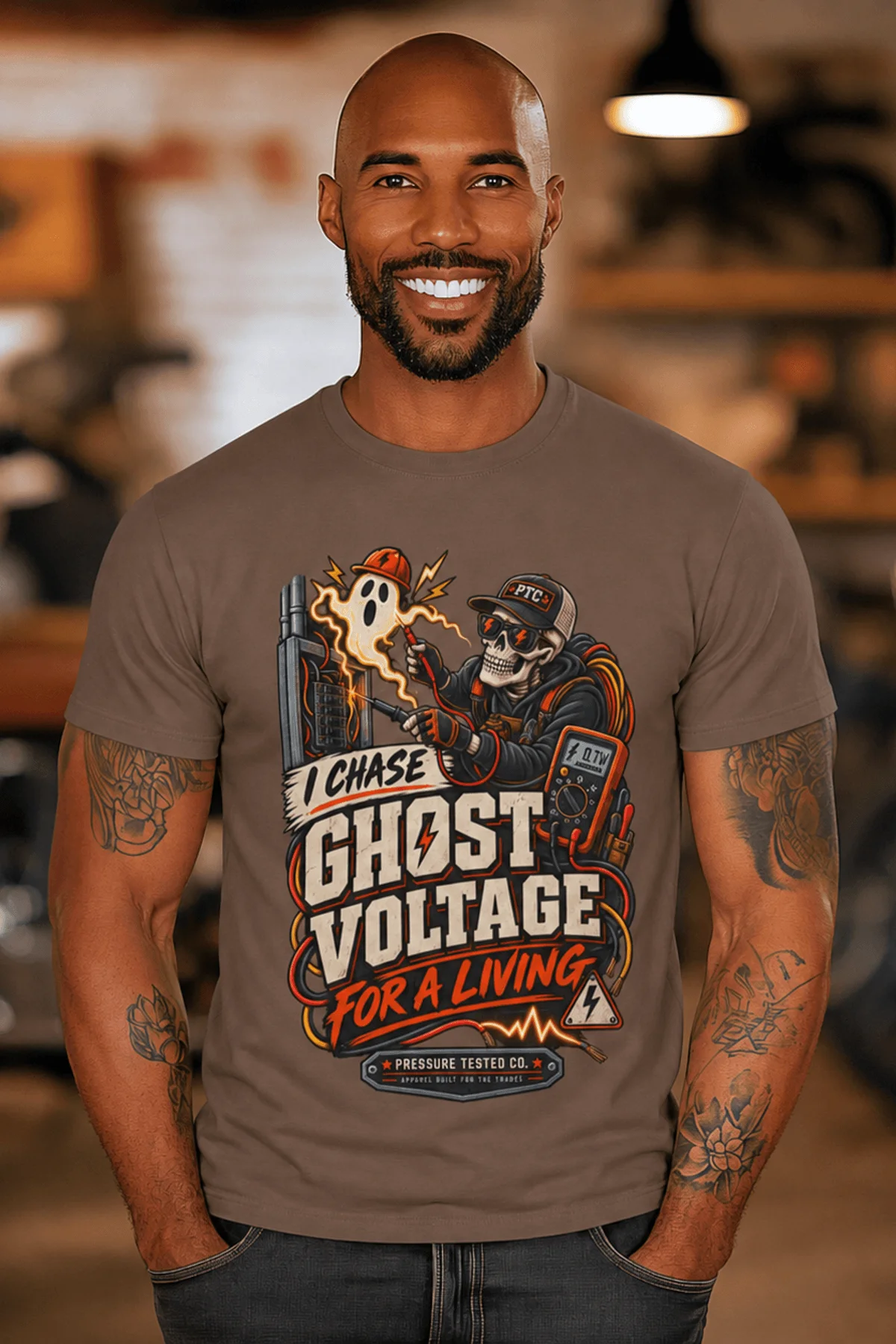 Ghost Voltage T-Shirt — 'I Chase Ghost Voltage for a Living' Vintage Electrician Tee — espresso t-shirt, model photo | Pressure Tested Co