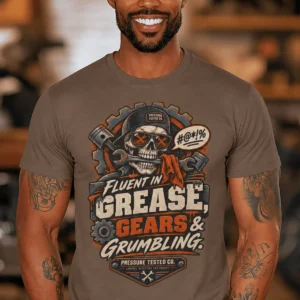 Mechanic Skull T-Shirt — "Fluent in Grease, Gears and Grumbling" Graphic Tee — espresso t-shirt, model photo | Pressure Tested Co