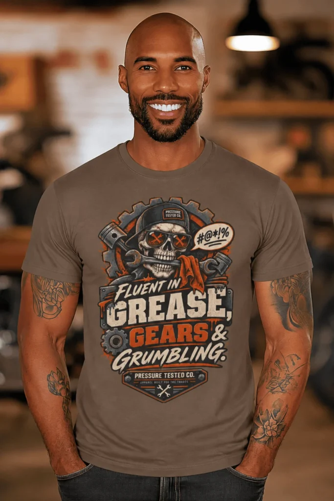 Mechanic Skull T-Shirt — "Fluent in Grease, Gears and Grumbling" Graphic Tee — espresso t-shirt, model photo | Pressure Tested Co