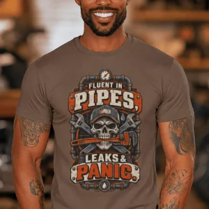 Plumber Skull T-Shirt — "Fluent in Pipes, Leaks and Panic" Workwear Tee — espresso t-shirt, model photo | Pressure Tested Co