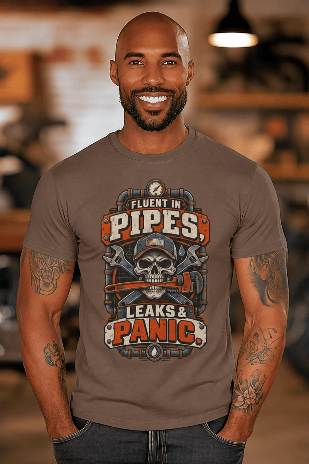 Plumber Skull T-Shirt — "Fluent in Pipes, Leaks and Panic" Workwear Tee — espresso t-shirt, model photo | Pressure Tested Co
