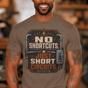 No Shortcuts Just Short Circuits T-Shirt — Funny Retro Industrial Electrician Tee — espresso t-shirt, model photo | Pressure Tested Co