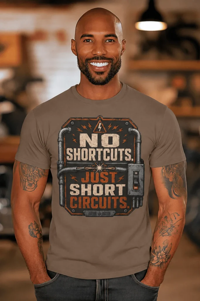 No Shortcuts Just Short Circuits T-Shirt — Funny Retro Industrial Electrician Tee — espresso t-shirt, model photo | Pressure Tested Co