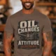 'Oil Changes and Attitude Adjustments' T-Shirt — Funny Retro Industrial Mechanic's Tee — espresso t-shirt, model photo | Pressure Tested Co