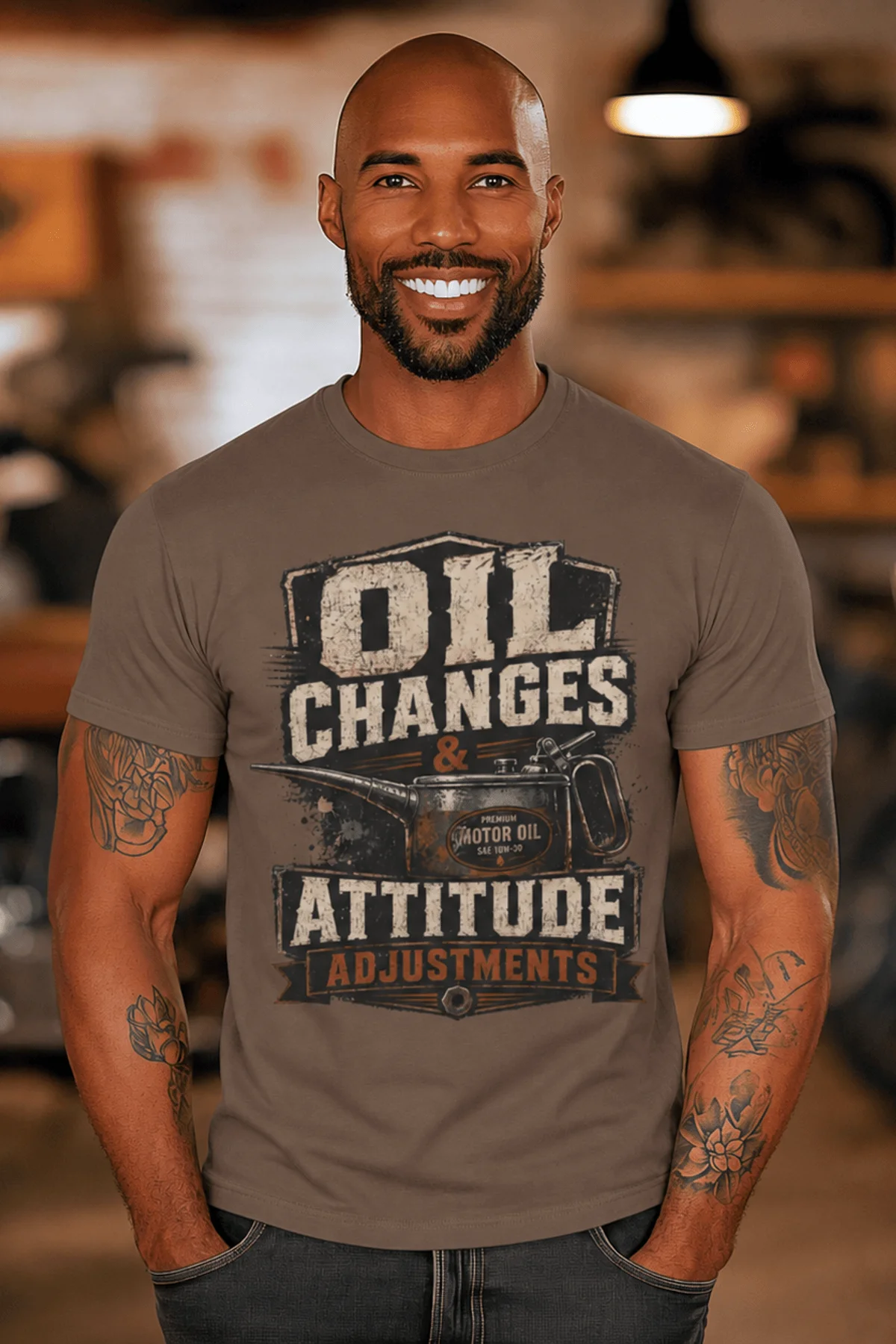 'Oil Changes and Attitude Adjustments' T-Shirt — Funny Retro Industrial Mechanic's Tee — espresso t-shirt, model photo | Pressure Tested Co