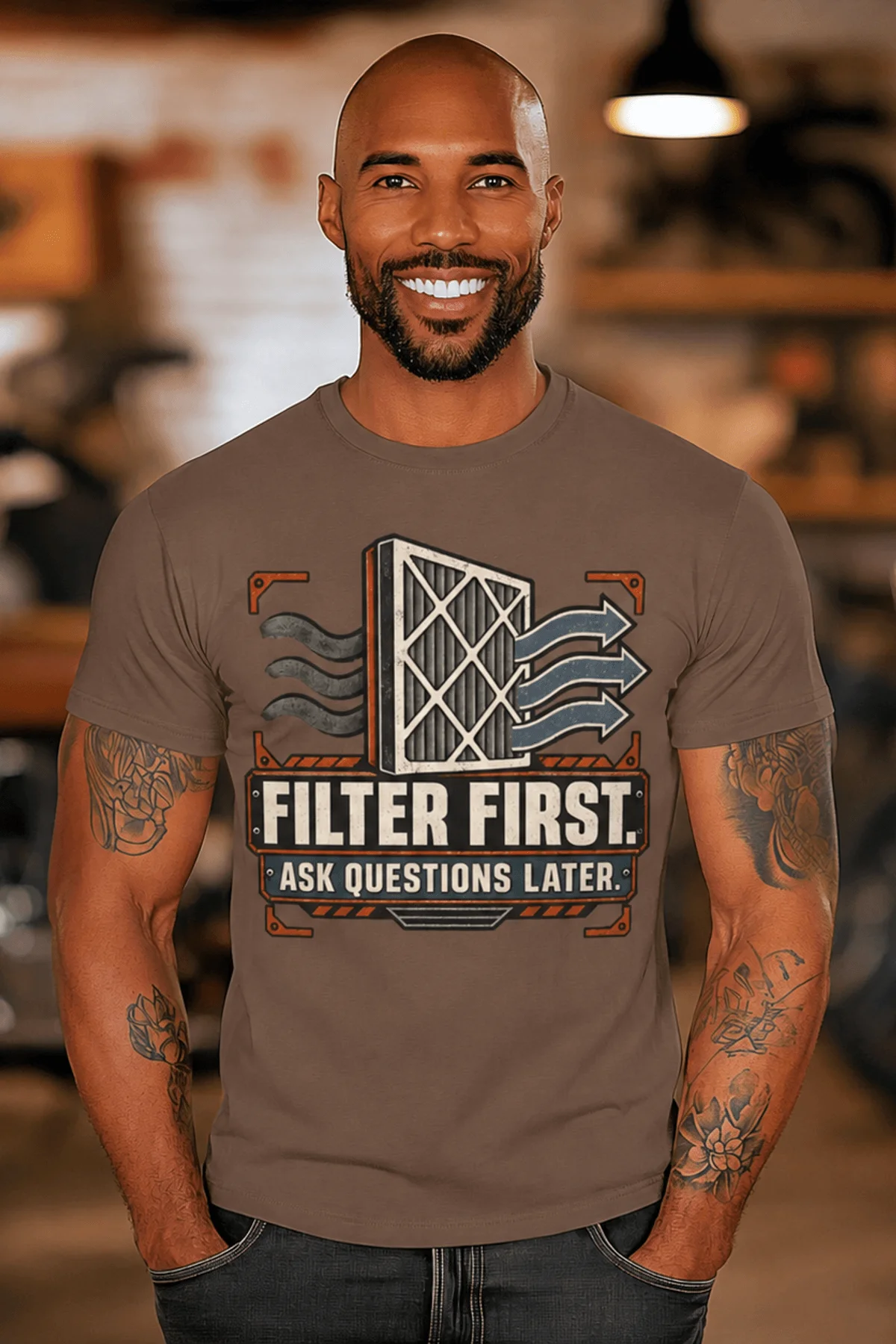 T-Shirt — "Filter First. Ask Questions Later." HVAC Air Filter Graphic — espresso t-shirt, model photo | Pressure Tested Co