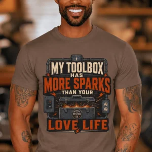 T-Shirt — "My Toolbox Has More Sparks Than Your Love Life" Electrician/Mechanic Workshop Tee — espresso t-shirt, model photo | Pressure Tested Co
