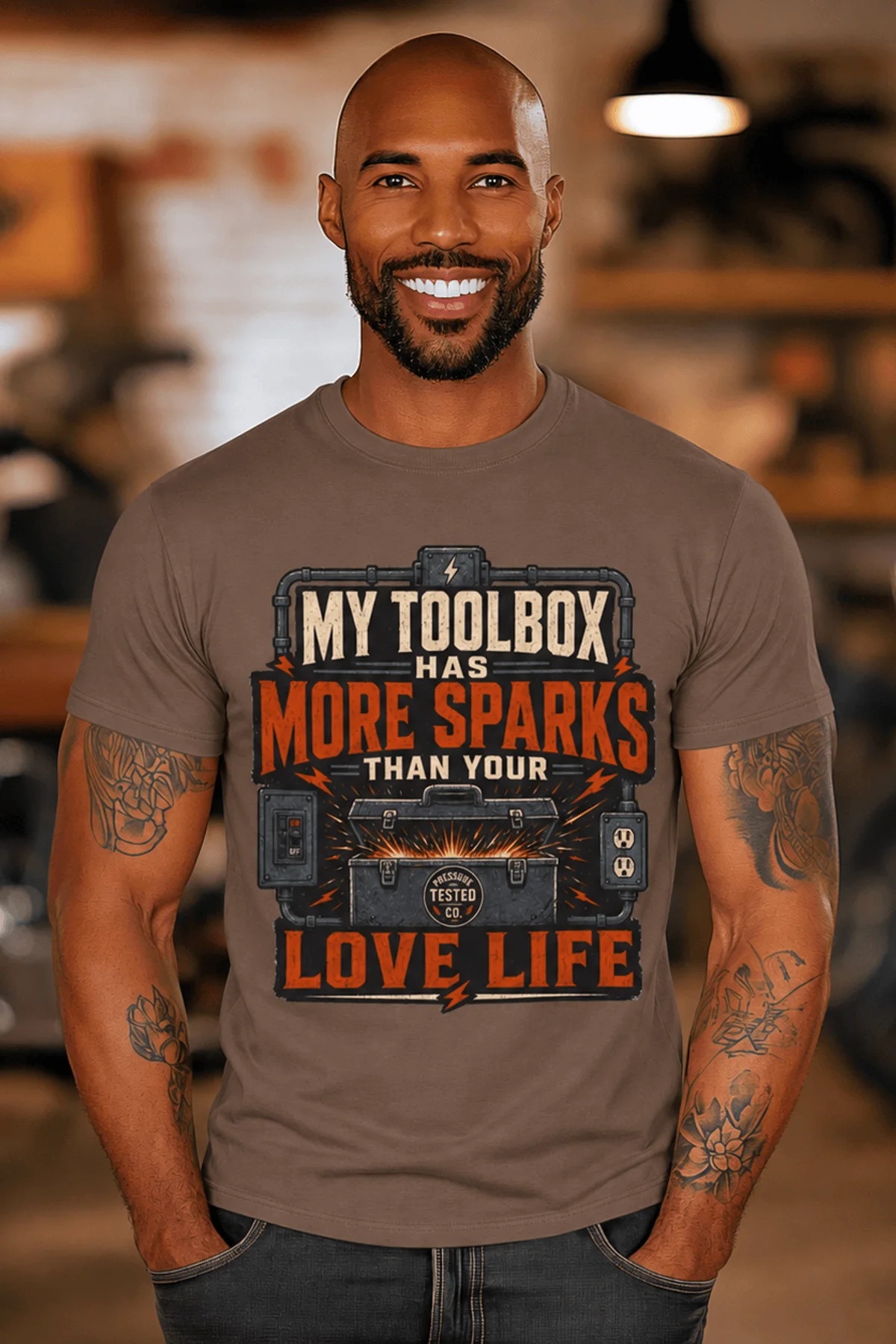 T-Shirt — "My Toolbox Has More Sparks Than Your Love Life" Electrician/Mechanic Workshop Tee — espresso t-shirt, model photo | Pressure Tested Co