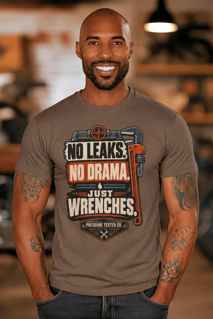 "No Leaks, No Drama, Just Wrenches" Vintage Plumbing Tee — espresso t-shirt, model photo | Pressure Tested Co