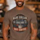 'Blue Collar. Cold Air. Hot Coffee.' T-Shirt — Funny Retro Industrial HVAC Tee — espresso t-shirt, model photo | Pressure Tested Co