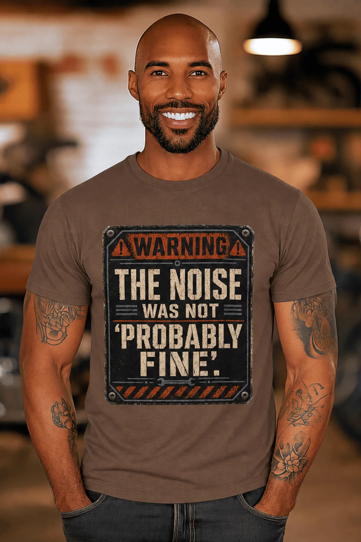 Warning Sign T-Shirt — "The Noise Was Not 'Probably Fine'" Vintage Graphic Tee — espresso t-shirt, model photo | Pressure Tested Co