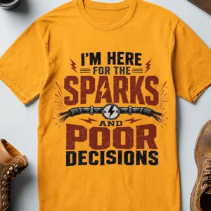 Sparks and Poor Decisions Tee — Funny Electrician/Party Graphic T-Shirt — gold t-shirt, flat-lay product photo | Pressure Tested Co