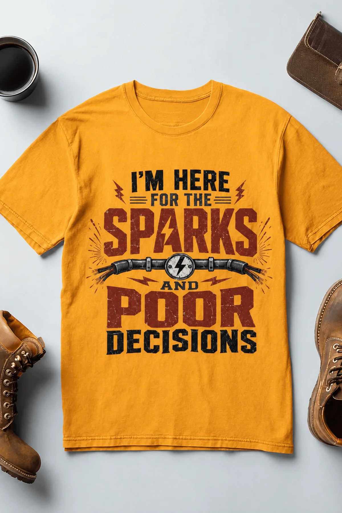Sparks and Poor Decisions Tee — Funny Electrician/Party Graphic T-Shirt — gold t-shirt, flat-lay product photo | Pressure Tested Co