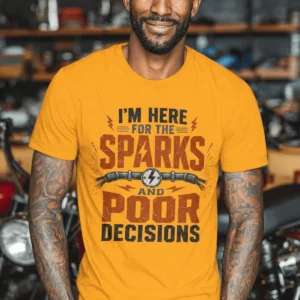 Sparks and Poor Decisions Tee — Funny Electrician/Party Graphic T-Shirt — gold t-shirt, model photo | Pressure Tested Co