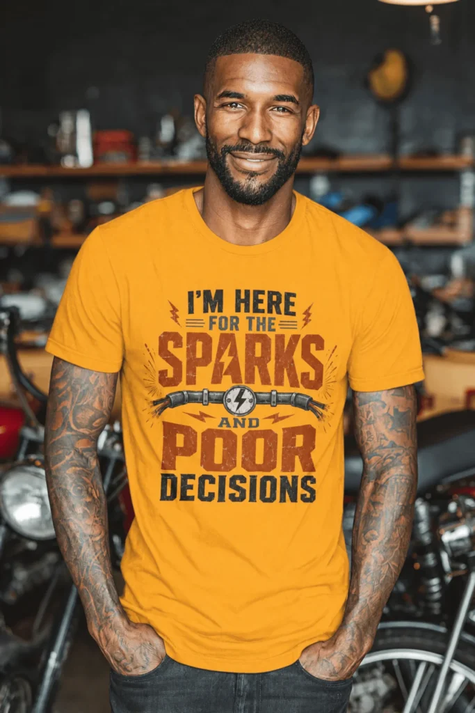 Sparks and Poor Decisions Tee — Funny Electrician/Party Graphic T-Shirt — gold t-shirt, model photo | Pressure Tested Co