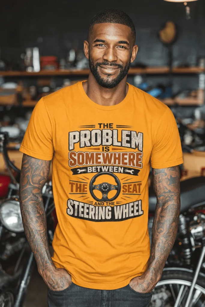 Driving Humor T-Shirt — "The Problem Is Somewhere Between The Seat And The Steering Wheel" — gold t-shirt, model photo | Pressure Tested Co