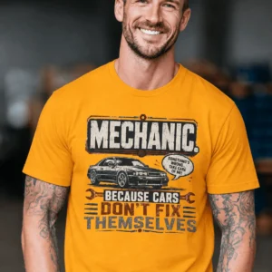 Mechanic Tee — "Mechanic. Because Cars Don't Fix Themselves" Funny Vintage Auto Technician Repair Shirt — gold t-shirt, model photo | Pressure Tested Co
