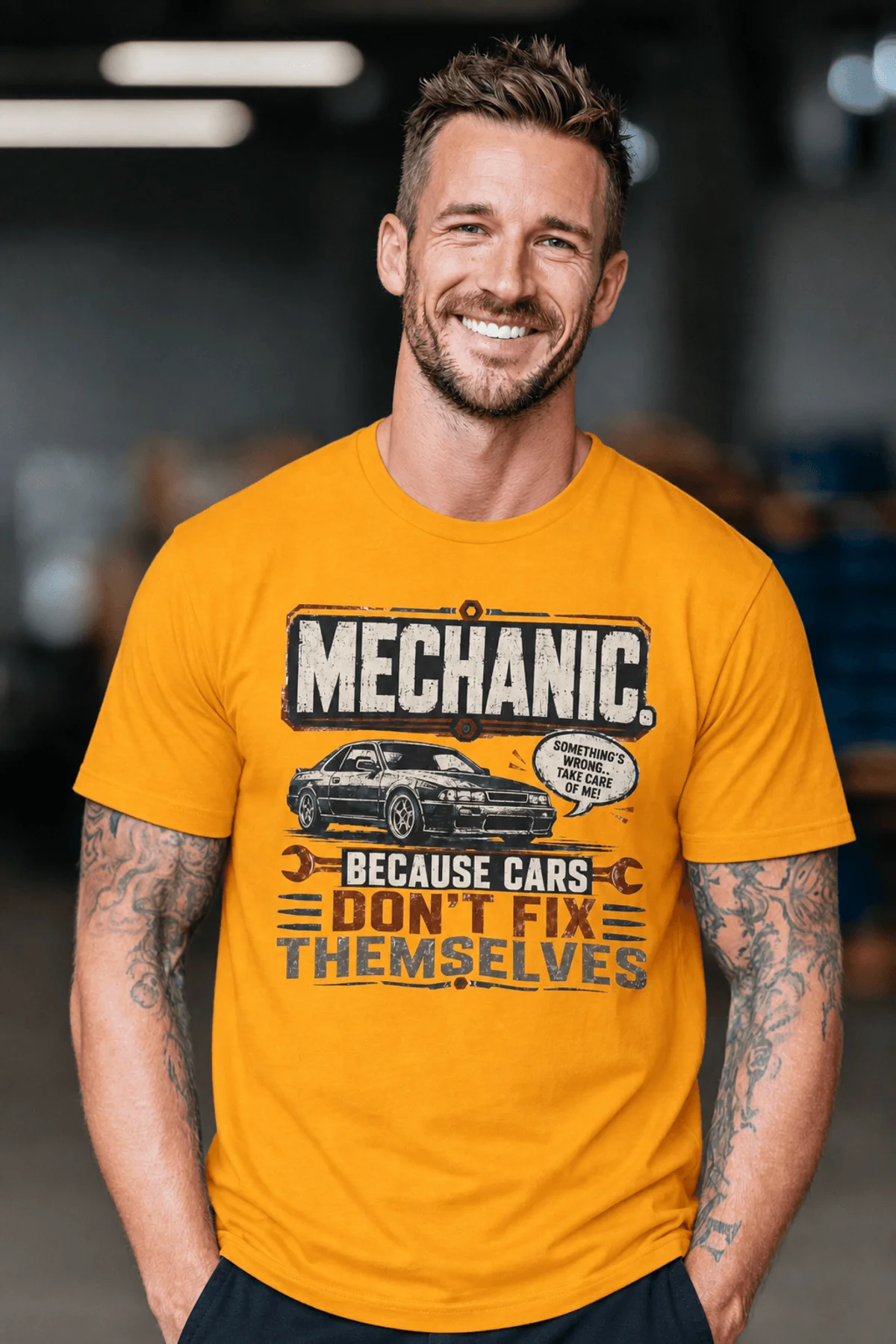 Mechanic Tee — "Mechanic. Because Cars Don't Fix Themselves" Funny Vintage Auto Technician Repair Shirt — gold t-shirt, model photo | Pressure Tested Co
